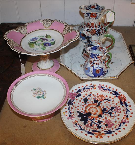 3 Masons Ironstone graduated jugs, similar plate, Worcs Delecta plate, pink & gilt botanical comport & sundry ceramics (faults)